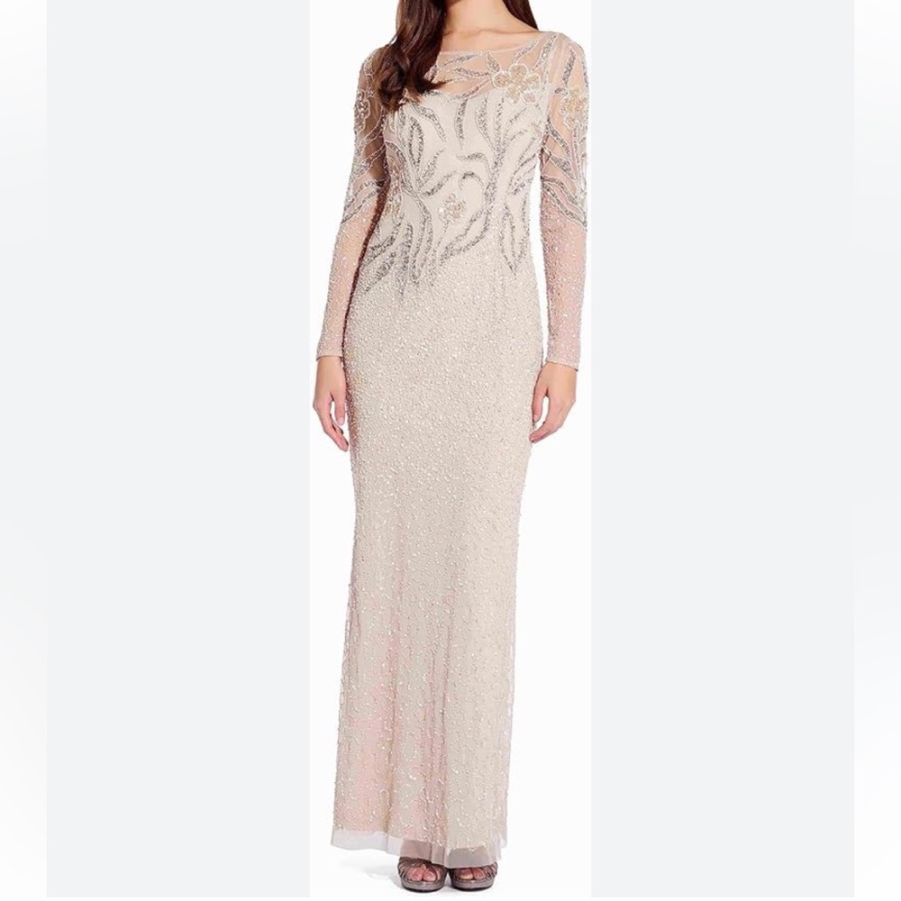 Adrianna Papell Size 14 Beaded Long Dress Biscotti